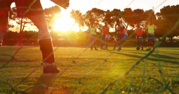 黄色とオレンジのベストを着た多様な女性サッカーチームがサッカー場に立っている間 ボールを止めようとする女性キーパーの背面図 — ストック動画