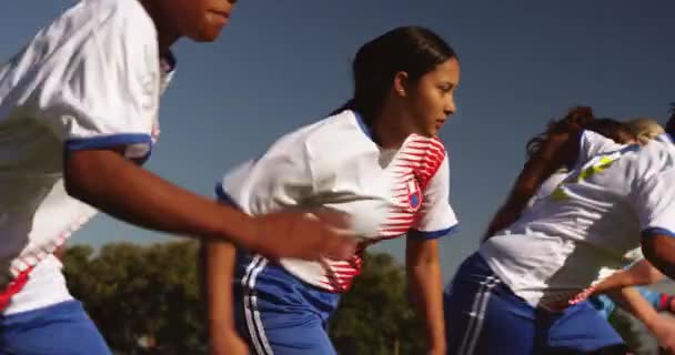 在阳光明媚的日子里 高加索队队长在足球场上给予指导 不同女子足球队的侧视图在运行 — 图库视频影像