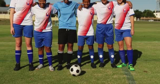 晴れた日にサッカー場で腕を組む幸せな多様な女子サッカーチームの正面図 — ストック動画