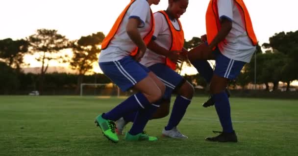 Turuncu Yelekli Farklı Kadın Futbolcuların Görünümü Futbol Sahasında Havada Kollarla — Stok video