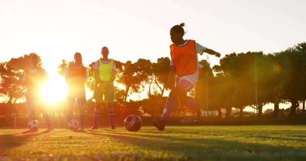 黄色とオレンジのベストを着た多様な女性サッカーチームがサッカー場に立っている間 アフリカ系アメリカ人のサッカー選手がボールを撃つ側の眺め — ストック動画