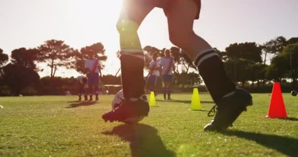 Πίσω Όψη Της Ποικιλόμορφης Γυναικείας Προπόνησης Παίκτη Ποδοσφαίρου Σλάλομ Στο — Αρχείο Βίντεο