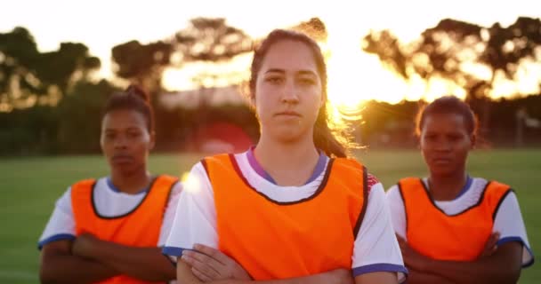 オレンジ色のベストを着た多様な女子サッカーチームが サッカー場で腕を組んで立っている正面 — ストック動画
