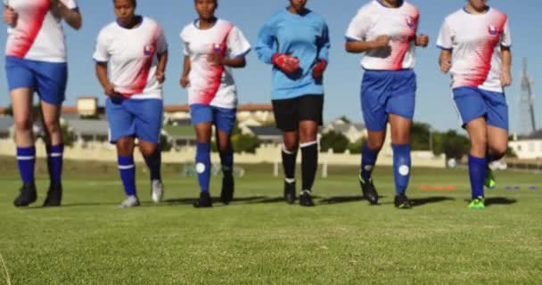 Frontansicht einer diversifizierten Frauenfußballmannschaft, die an einem sonnigen Tag auf dem Fußballplatz entlang läuft. 4k
