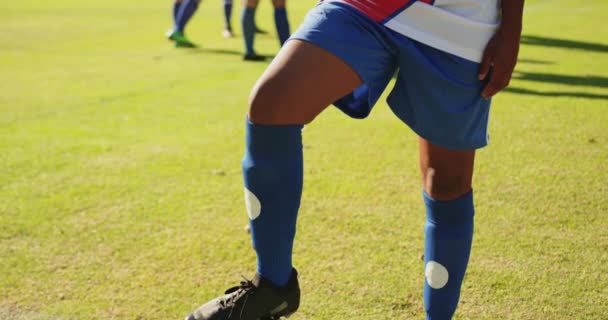 Retrato Una Bonita Jugadora Fútbol Afroamericana Pie Con Pie Pelota — Vídeo de stock