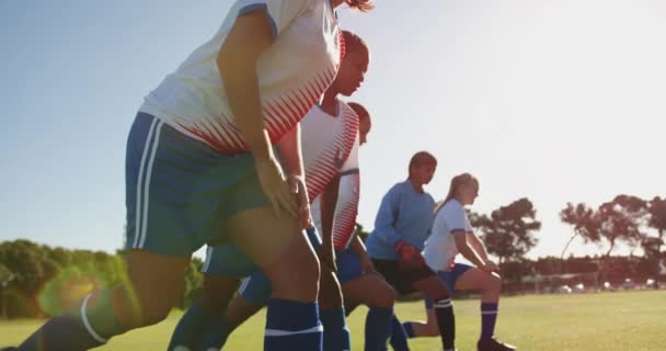 Visão Baixo Ângulo Jovens Jogadoras Futebol Feminino Diversificadas Que Esticam — Vídeo de Stock