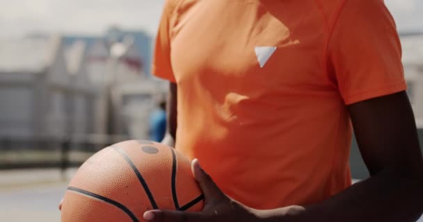 Front View African American Basketball Player Standing Basketball Court Looking — Stock Video