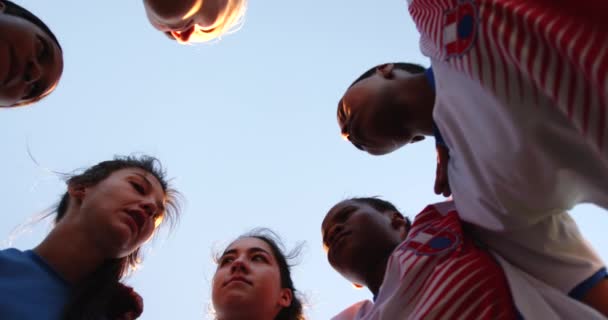 Low Angle View Diverse Female Soccer Team Smiling Cheerfully Soccer — Stock Video