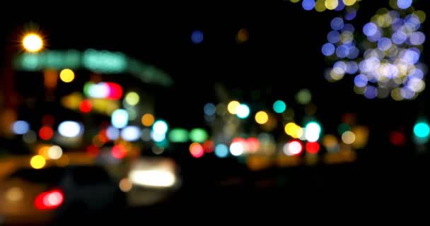 Front View Colorful Bokeh Lights Street Night Vehicles Riding Road — Stock Video