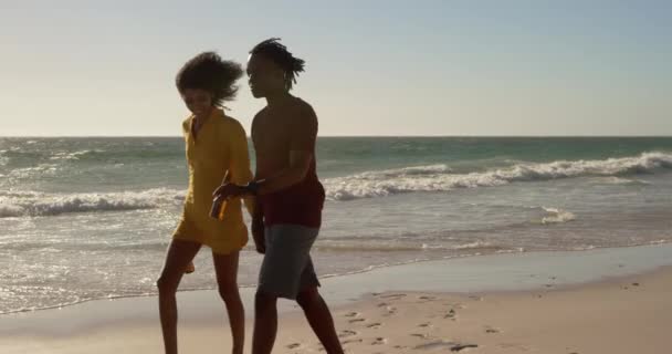 Vista Laterale Della Coppia Afroamericana Che Cammina Insieme Sulla Spiaggia — Video Stock