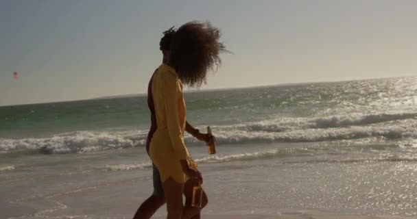 Zijaanzicht Van Afro Amerikaanse Paar Samen Wandelen Het Strand Houden — Stockvideo