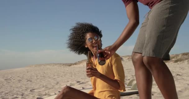 Zijaanzicht Van Afro Amerikaanse Echtpaar Toasten Bierflessen Het Strand Glimlachen — Stockvideo