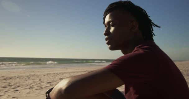 Zijaanzicht Van Afro Amerikaanse Man Ontspannen Het Strand Hij Kijkt — Stockvideo