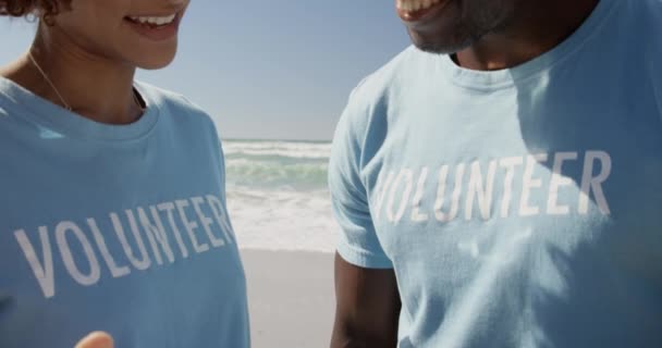 在海滩上看到非裔美国志愿者与对方互动的镜头 他们在笑 — 图库视频影像