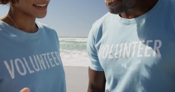 Front View African American Volunteers Interacting Each Oher Beach Smiling — Stock Video