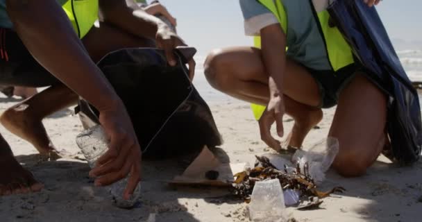在阳光明媚的日子里 非洲裔美国人志愿者在海滩上打扫卫生 他们在捡垃圾 — 图库视频影像