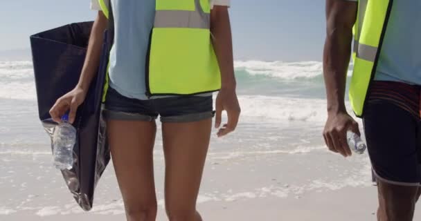 Parte Média Voluntários Afro Americanos Caminhando Com Saco Lixo Praia — Vídeo de Stock