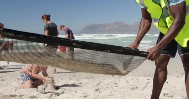 Oldalnézet Különböző Önkéntesek Takarítás Strand Egy Napsütéses Napon Részt Vesznek — Stock videók