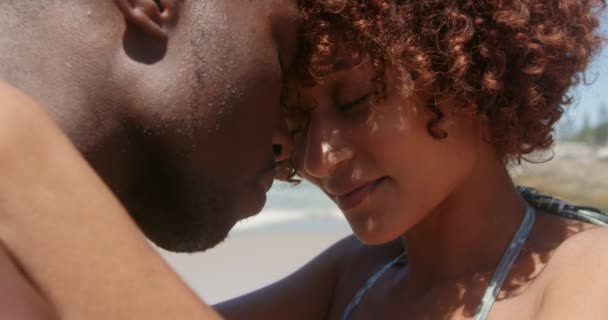 Close Jovem Casal Afro Americano Abraçando Uns Aos Outros Praia — Vídeo de Stock