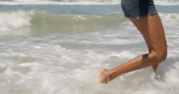 Visão Traseira Jovem Afro Americana Dançando Praia Sol Ela Está — Vídeo de Stock