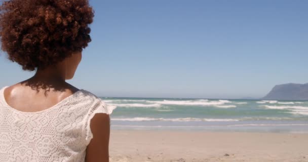 Achteraanzicht Van Jonge Afro Amerikaanse Vrouw Ontspannen Het Strand Zon — Stockvideo