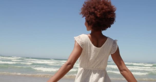 太陽の下でビーチで楽しんでいる若いアフリカ系アメリカ人女性の正面図 彼女は微笑んで踊っている — ストック動画