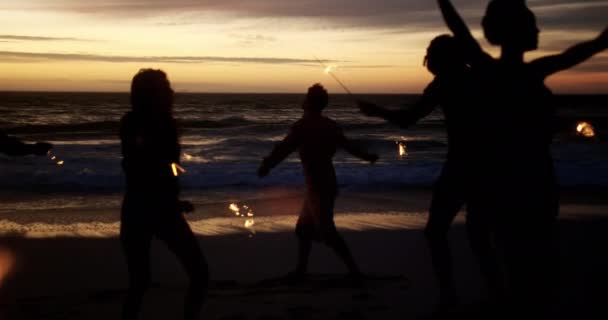 Vorderansicht Einer Gruppe Verschiedener Freunde Die Der Abenddämmerung Mit Wunderkerzen — Stockvideo