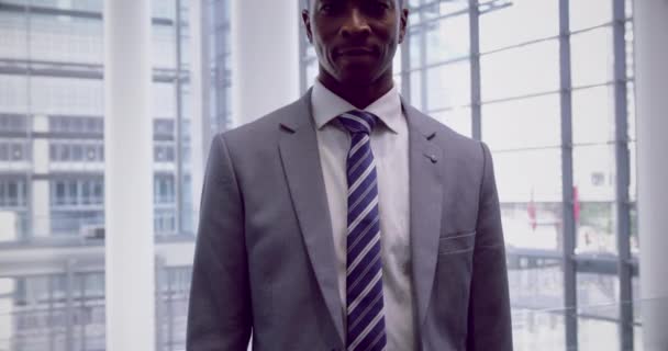 Vista Frontal Empresário Afro Americano Olhando Para Câmera Corredor Escritório — Vídeo de Stock