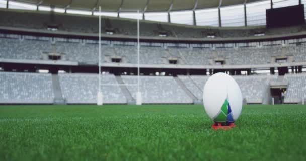 Close Van Rugbybal Een Gras Het Stadion Leeg Stadion Achtergrond — Stockvideo