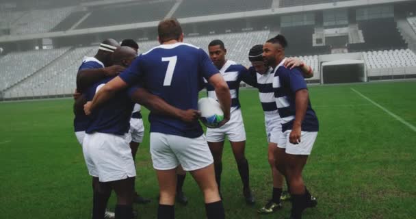 Rear View Diverse Male Rugby Players Forming Huddles Ground Talking — Stock Video