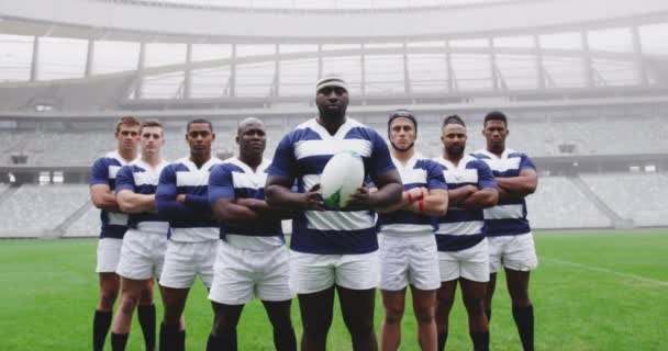 Front View Diverse Male Rugby Players Standing Together Rugby Ball — Stock Video