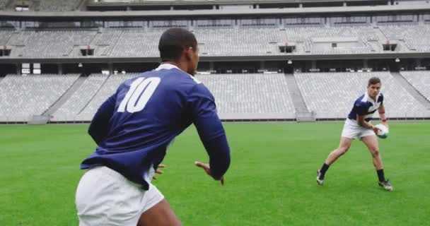 Stadyumda Rugby Oynayan Erkek Rugby Oyuncularının Yan Görüntüsü Birbirlerine Pası — Stok video