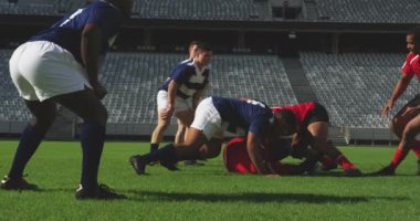 Stadyumda rugby oynayan çeşitli rugby oyuncularının yan görüntüsü. Birbirlerine dört bin dolar atıyorlar.