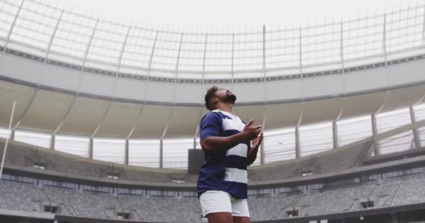 Stadyumda Rugby Oynayan Erkek Ragbi Oyuncusunun Düşük Açılı Görüntüsü Bin — Stok video