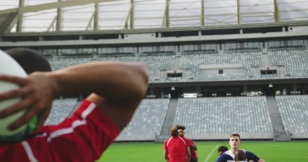 Vooraanzicht Van Diverse Rugbyspelers Die Rugbywedstrijd Spelen Het Stadion Vangen — Stockvideo