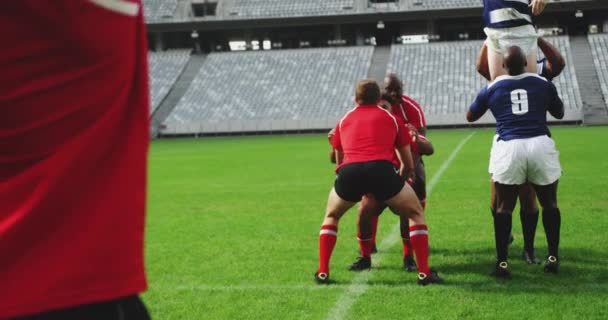 Stadyumda Rugby Oynayan Çeşitli Rugby Oyuncularının Görüntüsü Bin Rugby Topu — Stok video