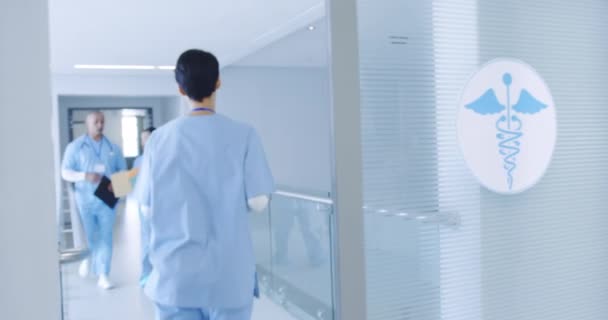Handheld View Female Doctor Walking Camera Hospital Corridor Mixed Race — ストック動画