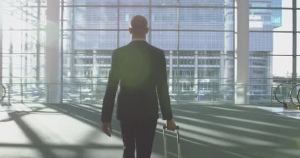 Rückansicht Eines Geschäftsmannes Der Mit Gepäck Der Lobby Büro Steht — Stockvideo
