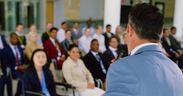 Side View Caucasian Male Speaker Speaks Business Seminar Business People — Stock Video