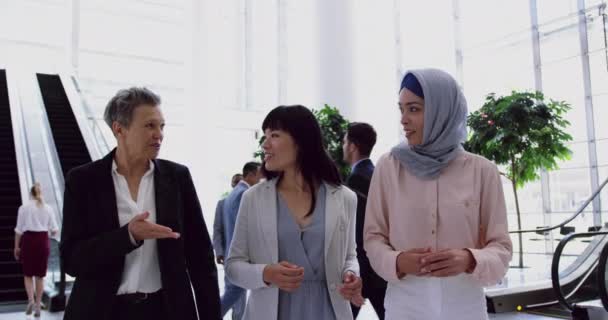 Vooraanzicht Van Zakenvrouwen Die Met Elkaar Omgaan Lobby Kantoor Lopen — Stockvideo