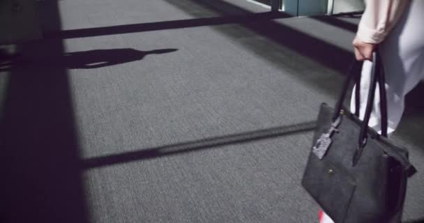 Ofisteki Koridorda Yürüyen Bir Kadının Alt Tabakası Elinde Bir Çantası — Stok video