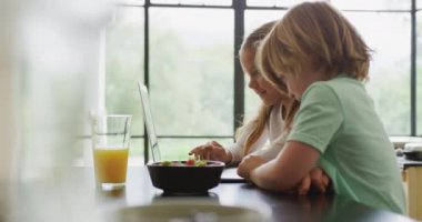 Rahat evde mutfakta dizüstü bilgisayar kullanarak Kafkas kardeşlerin yan görünümü. Onlar yemek masası 4k oturuyor