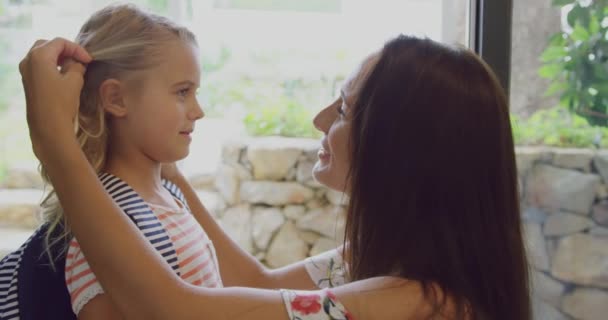 Close Caucasian Daughter Embracing Her Mother Leaving School Door Home — Stock Video