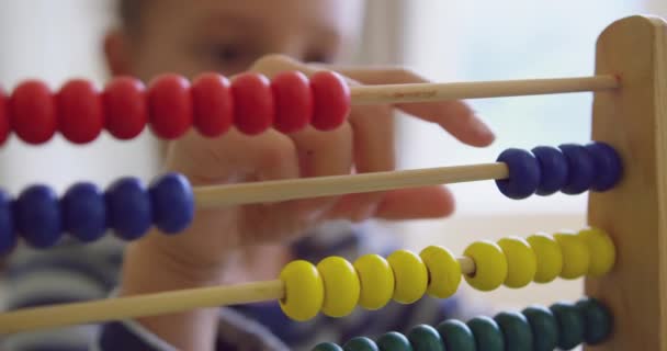 Close Caucasian Boy Learning Mathematics Abacus Comfortable Home — Stock Video