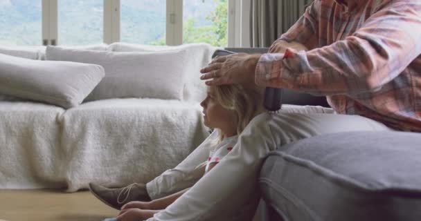 Vista Lateral Del Padre Caucásico Peinando Pelo Sus Hijas Sofá — Vídeos de Stock