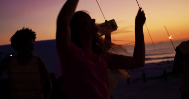 Nahaufnahme Einer Multiethnischen Gruppe Junger Erwachsener Freunde Silhouette Einem Strand — Stockvideo