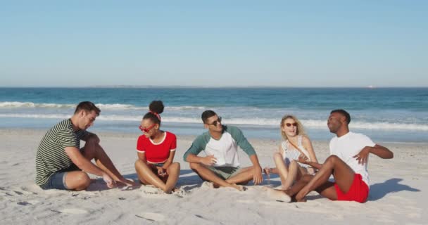 Frontansicht Einer Multiethnischen Gruppe Glücklicher Junger Erwachsener Freunde Die Strand — Stockvideo