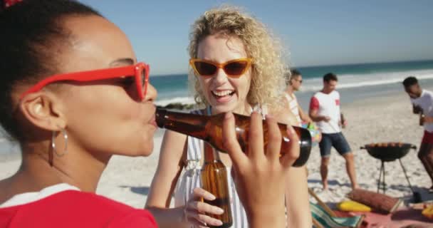 2人の女性の友人 若いアフリカ系アメリカ人と若い白人女性のクローズアップは サングラスをかけてビーチに立って ビールを飲んでいました 一緒にビーチで夏の楽しみを持っている若い友人4K — ストック動画