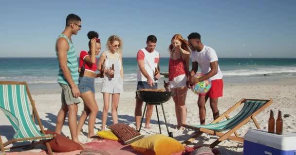 Front View Multi Ethnic Group Young Adult Friends Standing Beach — Stock Video