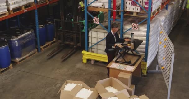 倉庫の積み込みベイの机に立つ中年の白人女性倉庫マネージャーの高台の眺め スタッフの一人がフォークリフトで過去を運転しながら — ストック動画